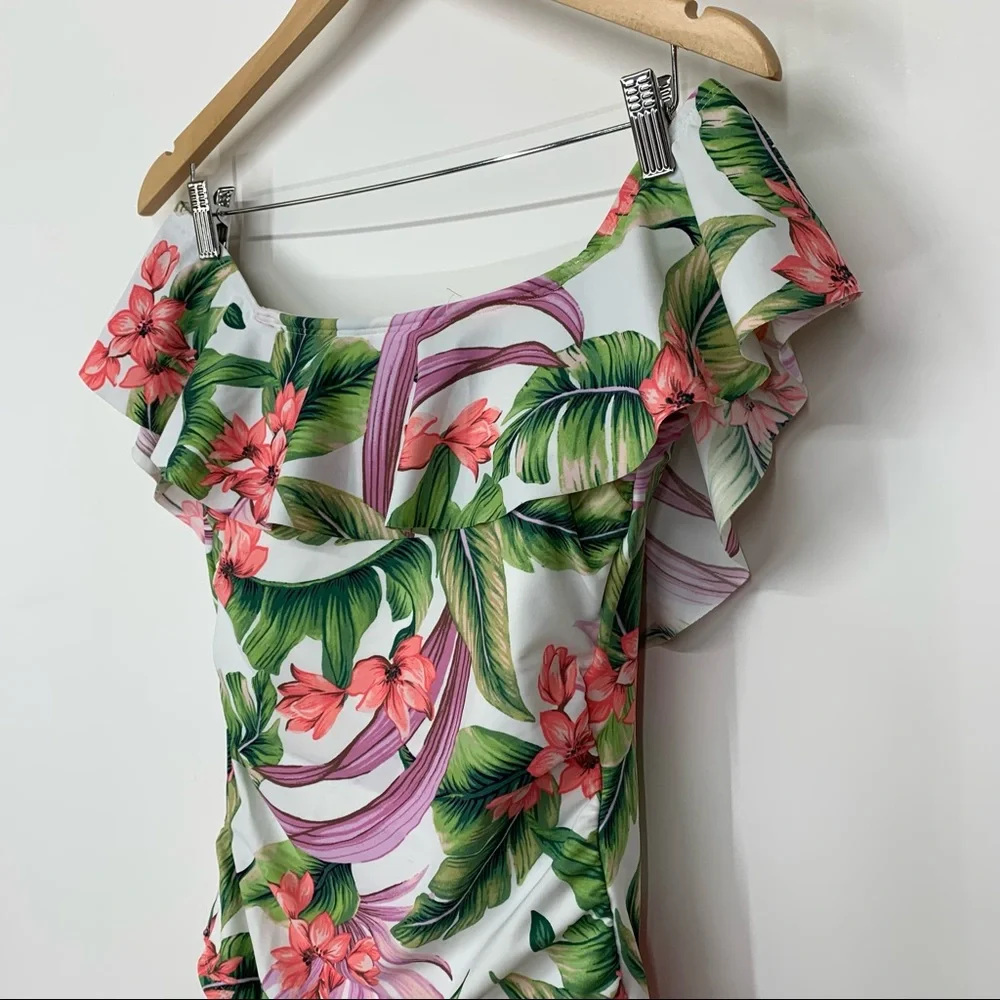 Kona Sol Ruffle Off The Shoulder Tropical High Coverage One Piece Swimsuit